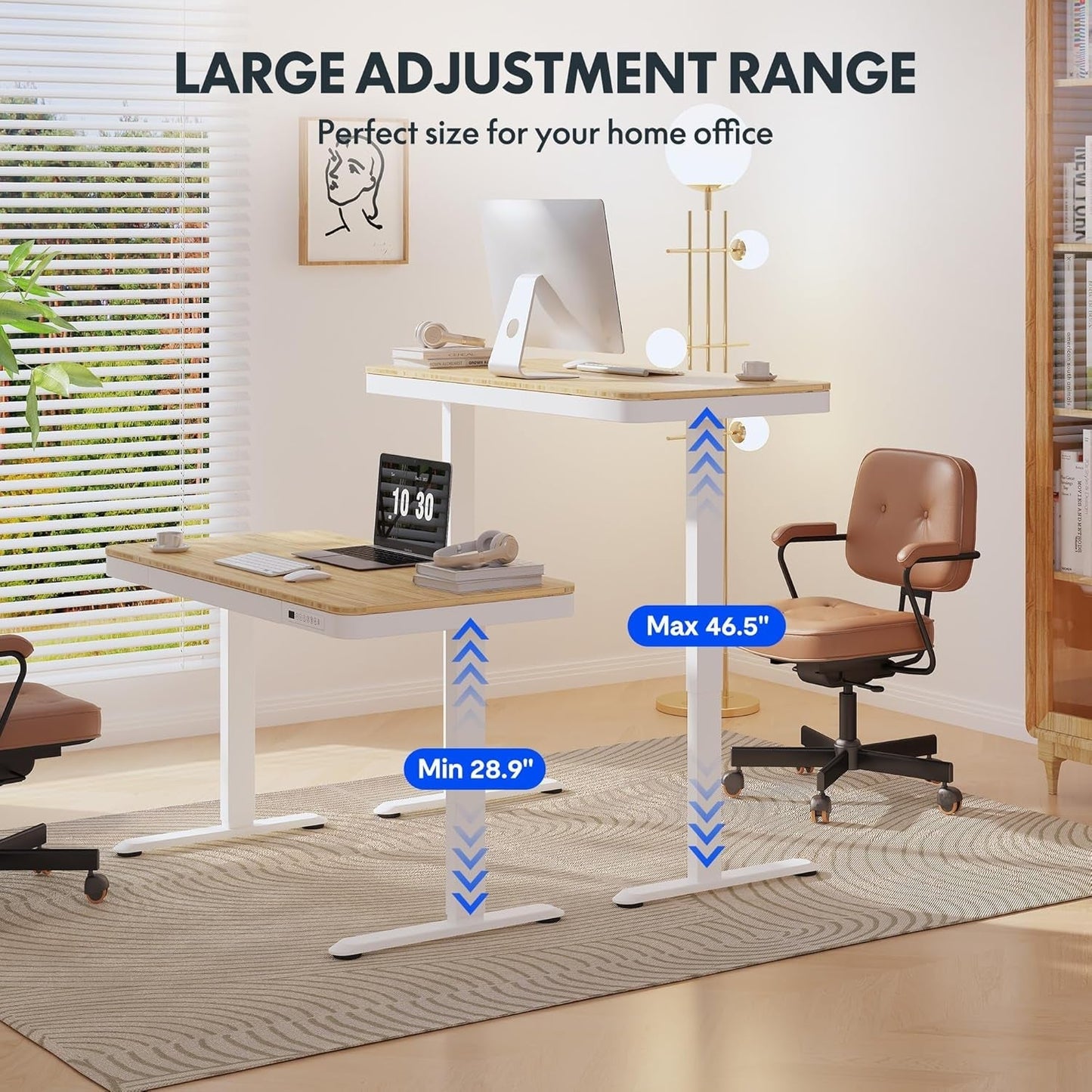 Electric Standing Desk USB Ports And Drawer Bamboo White
