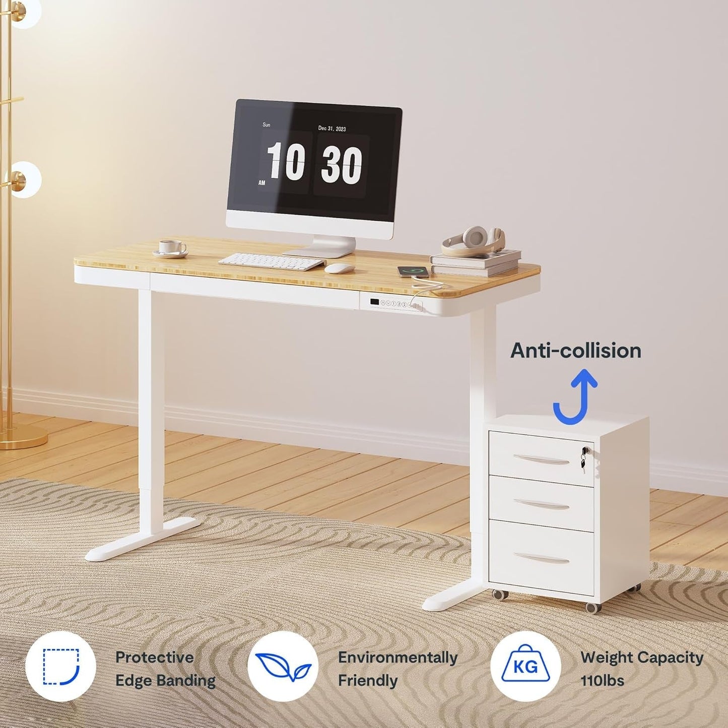 Electric Standing Desk USB Ports And Drawer Bamboo White
