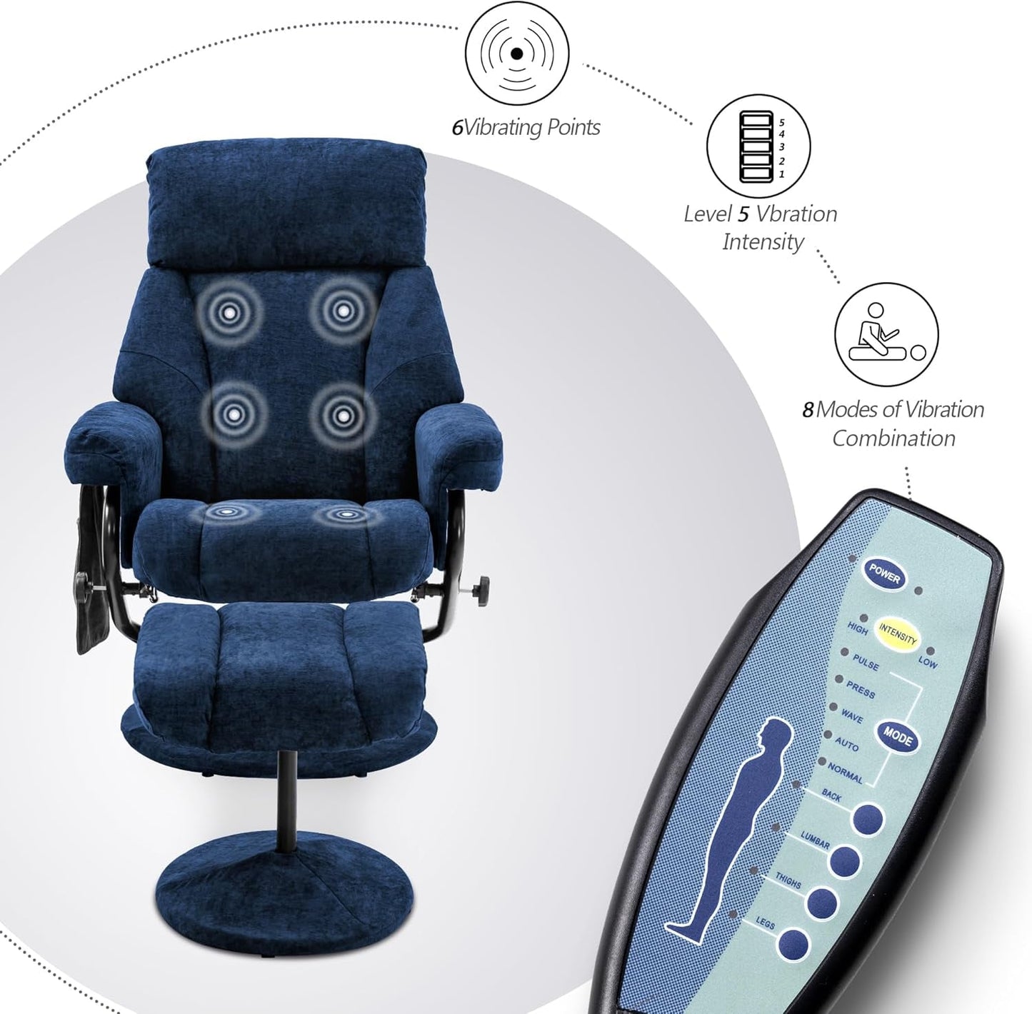 Swivel Recliner With Ottoman And Vibration Massage Blue Textile