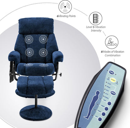 Swivel Recliner With Ottoman And Vibration Massage Blue Textile