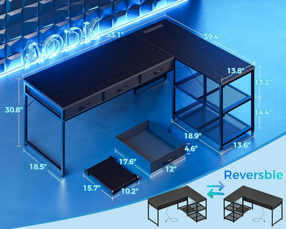 53-Inch L-Shaped Desk With Drawers And Power Outlets