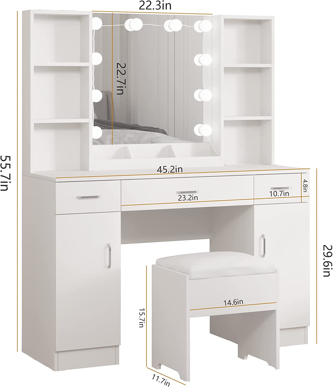 White Vanity Table With Drawers And Cabinets Six Shelves