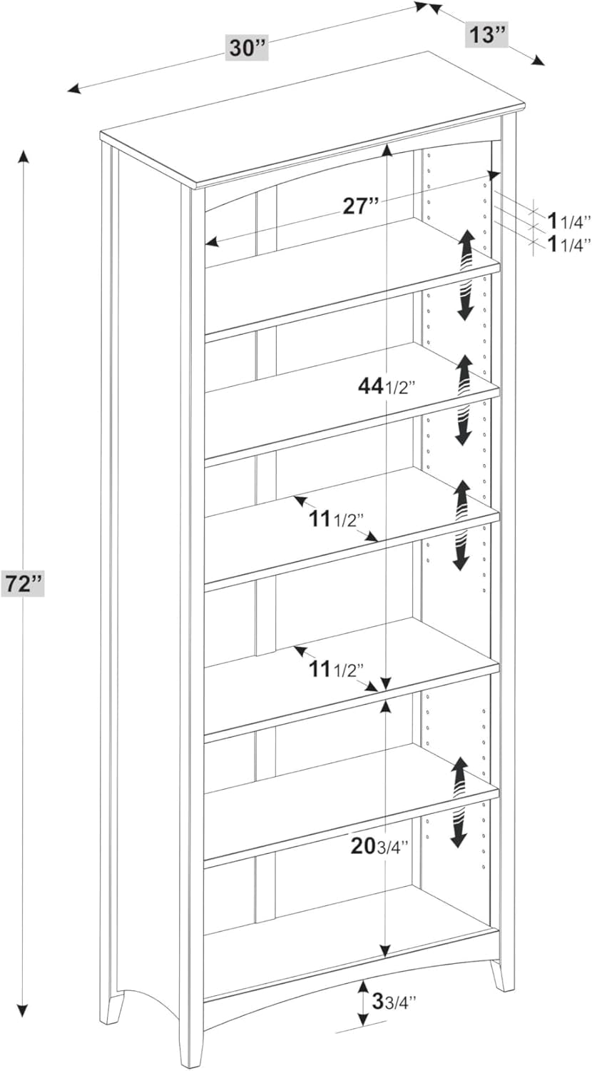 Shaker Style 6 Shelf Bookcase Solid Wood 72 Inch Tall