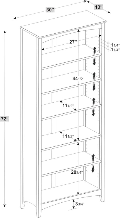 Shaker Style 6 Shelf Bookcase Solid Wood 72 Inch Tall