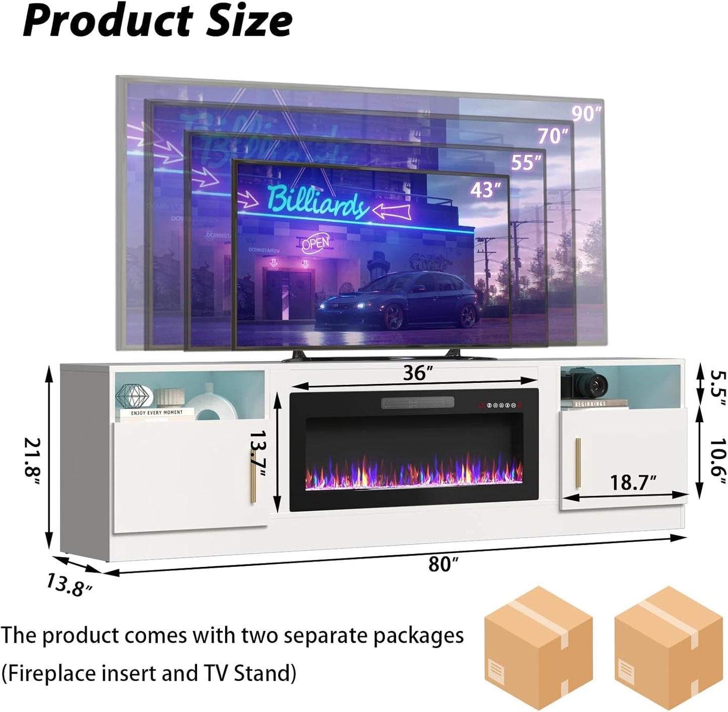 80 Inch Electric Fireplace TV Stand With LED Lights