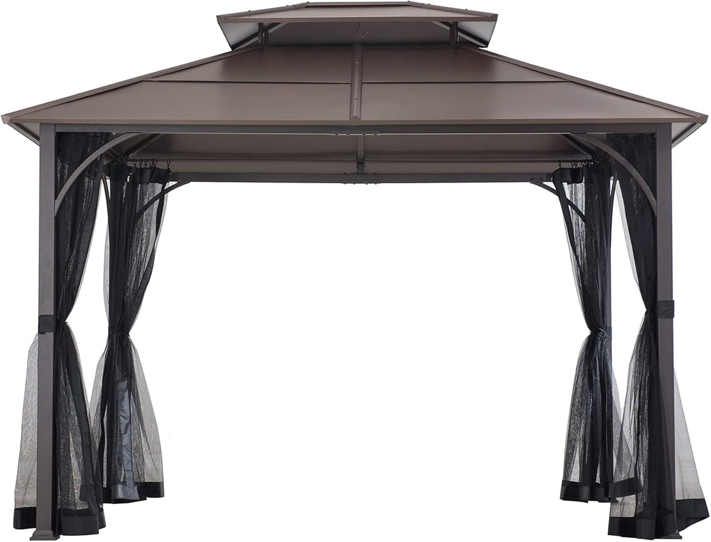 10x12 Brown Hardtop Gazebo With Steel Frame And Netting For Outdoor