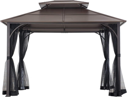 10x12 Brown Hardtop Gazebo With Steel Frame And Netting For Outdoor