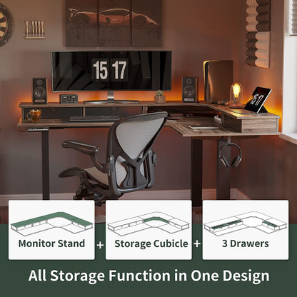 63 Inch L Shaped Electric Standing Desk With Drawers