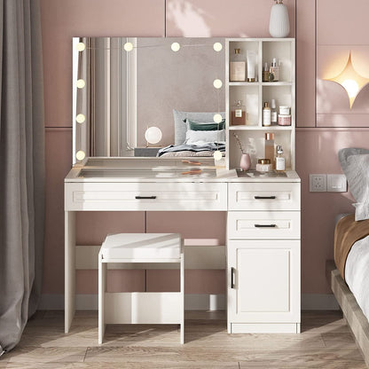 White Luxury Vanity Desk With Lighted Hollywood Mirror