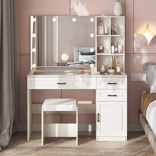 White Luxury Vanity Desk With Lighted Hollywood Mirror