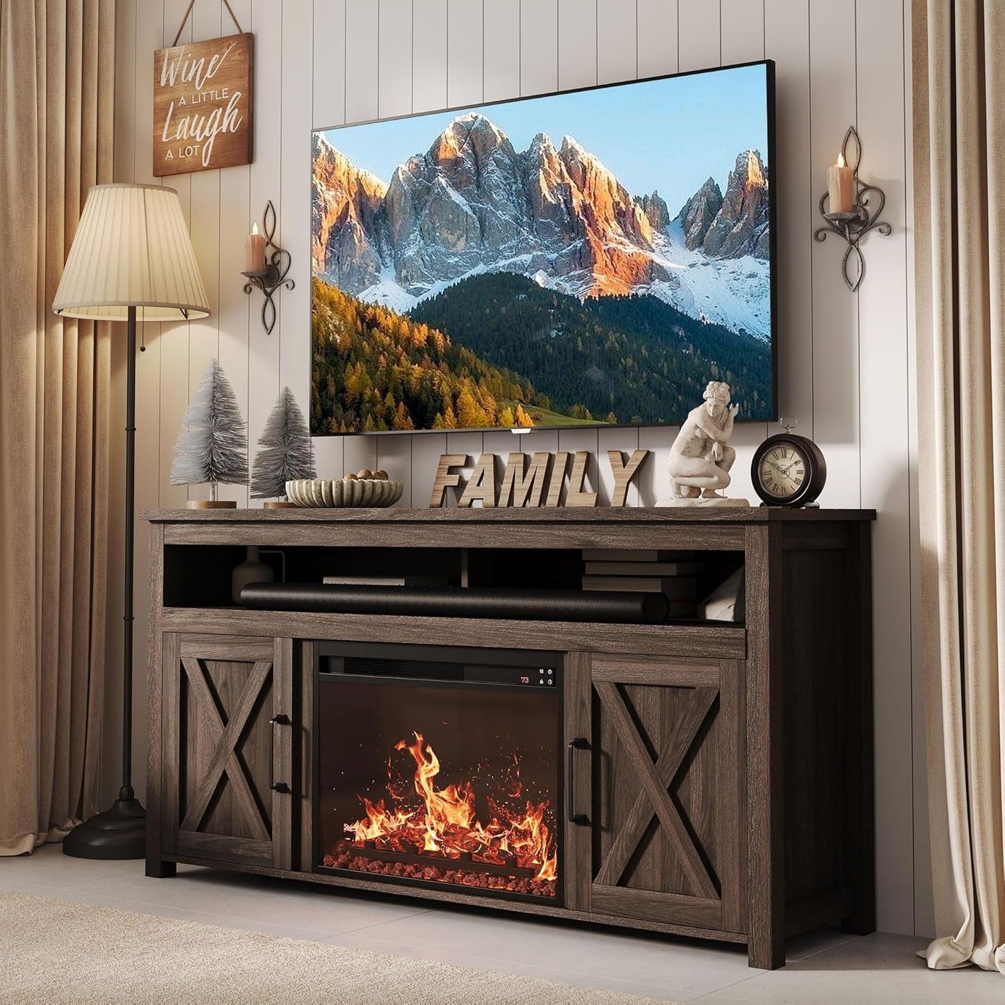 65 Inch Electric Fireplace TV Stand Modern Farmhouse Design