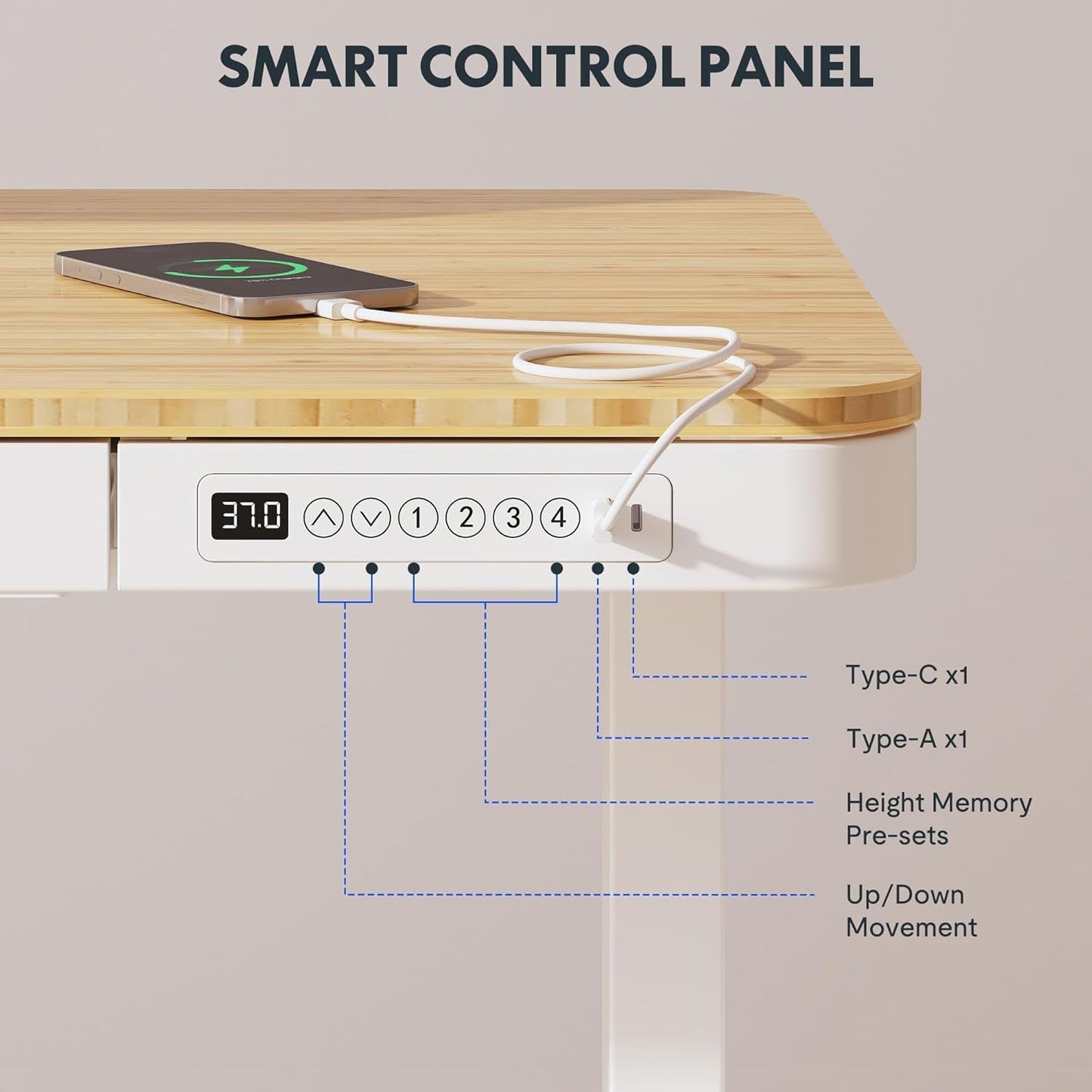 Electric Standing Desk USB Ports And Drawer Bamboo White