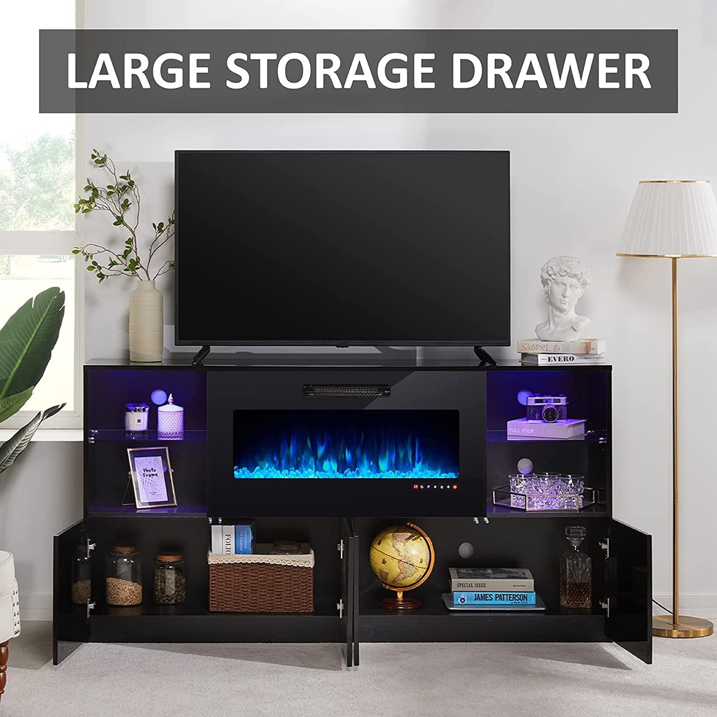 40 Inch TV Stand With Electric Fireplace And LED Lights