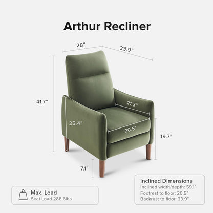 Arthur Olive Green Velvet Recliner Chair With 3 Positions
