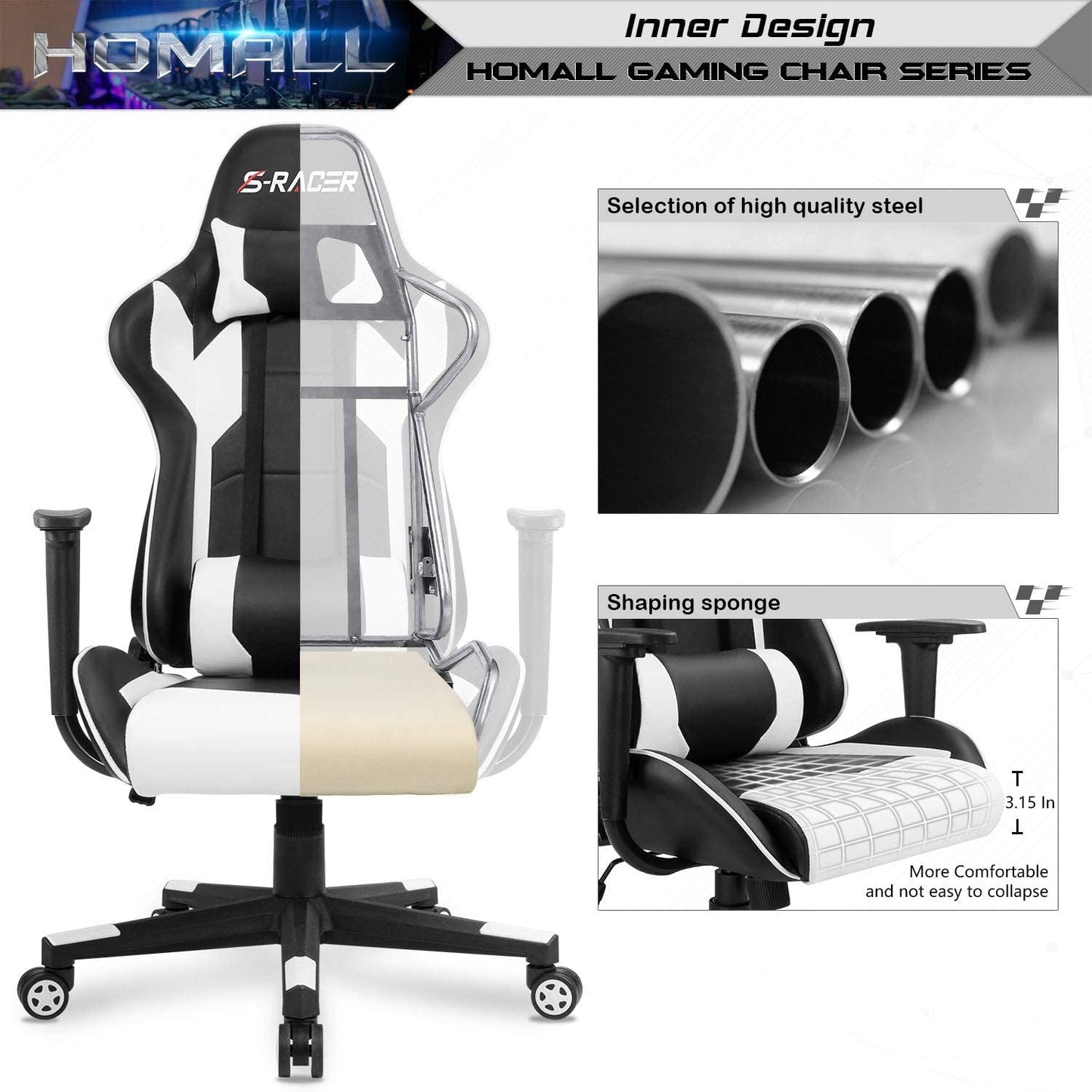 White Leather Ergonomic Gaming Chair With Lumbar Support