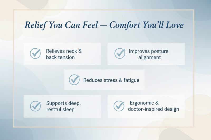 generate a high definition image for selling wellness and comfort products. The image will show; “Relief You Can Feel — Comfort You’ll Love”
Grid of benefits:
✔️ Relieves neck & back tension
✔️ Improves posture alignment
✔️ Reduces stress & fatigue
✔️ Supports deep, restful sleep
✔️ Ergonomic & doctor-inspired design
